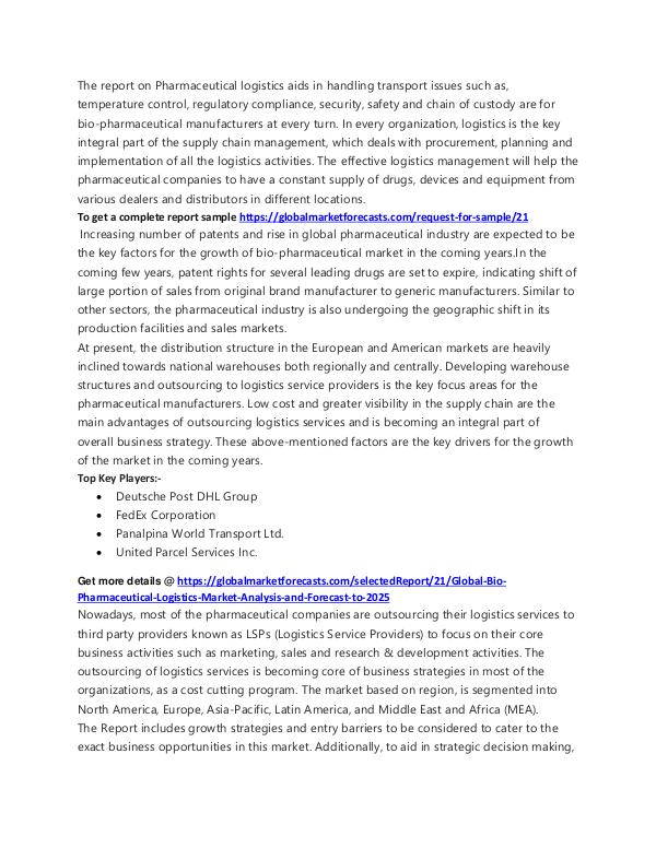 Bio-Pharmaceuticals Logistics Market Forecast 2018