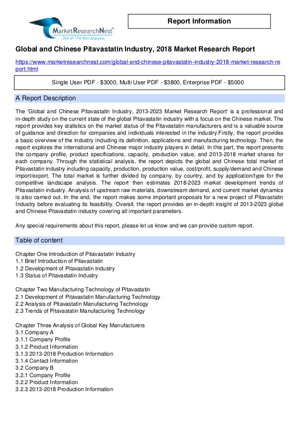 Global and Chinese Pitavastatin Industry, 2018 Mar