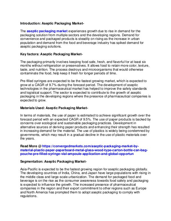 Aseptic Packaging Market Growth to Remain Stable during 2018-2025 Jun 2018