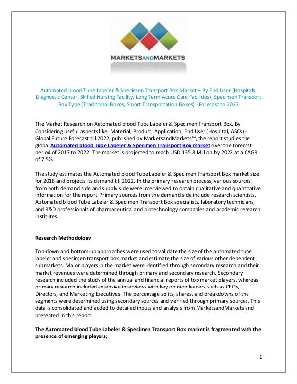 Automated Blood Tube Labeler & Specimen Transport Box Market JUNE 2018