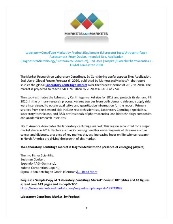 Laboratory Centrifuge Market size, Growth, Forecast 2020 JULY 2018