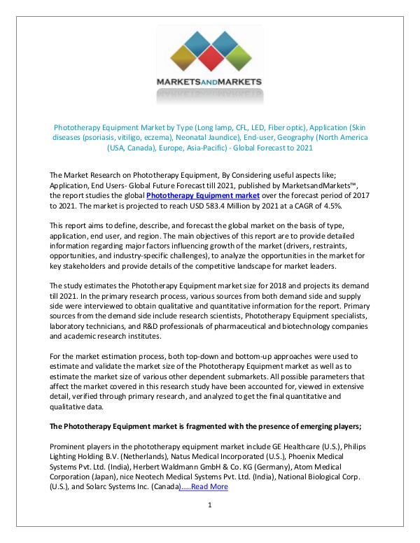 Phototherapy Equipment Market size, Growth, Forecast 2021 JULY 2018