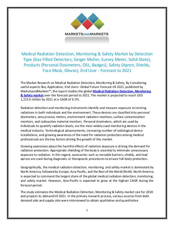 Medical Radiation Detection, Monitoring & Safety Market size 2021 JULY 2018