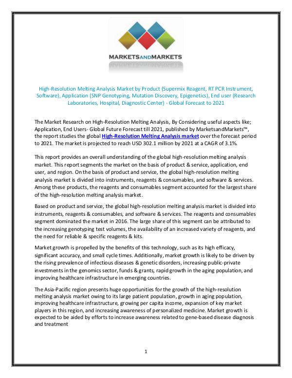 High-Resolution Melting Analysis Market size, Growth, Forecast 2021 JULY 2018