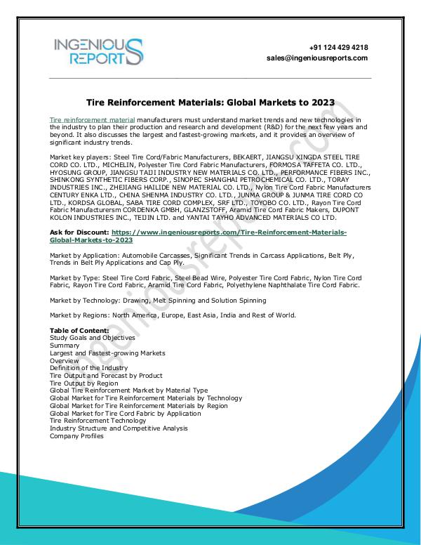 Tire Reinforcement Materials Market Size| Share| Trend &Forecast 2023 Tire Reinforcement Materials Global Markets to 202