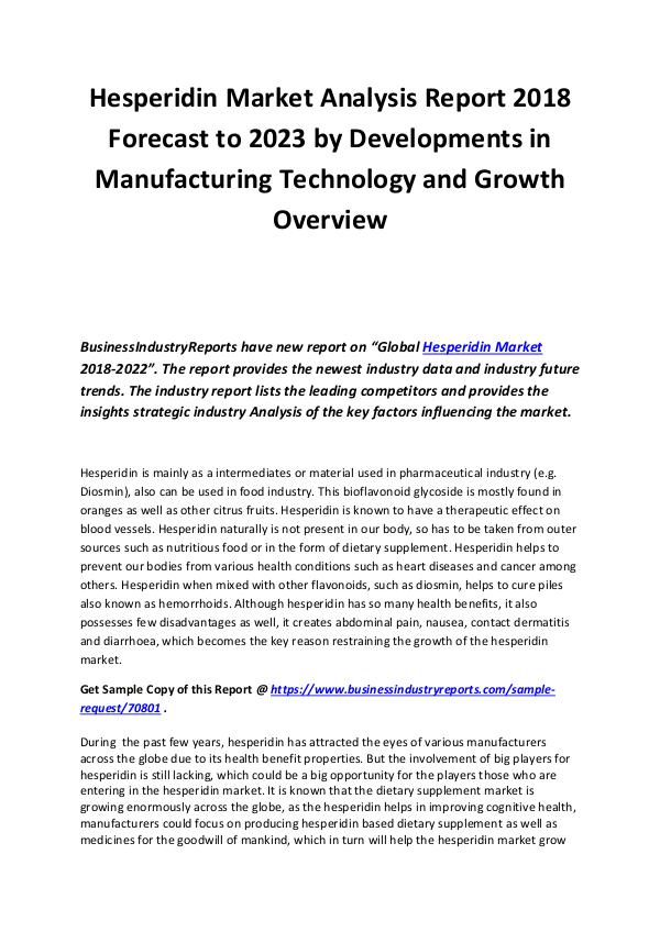 Hesperidin Market Analysis Report 2018 Forecast to