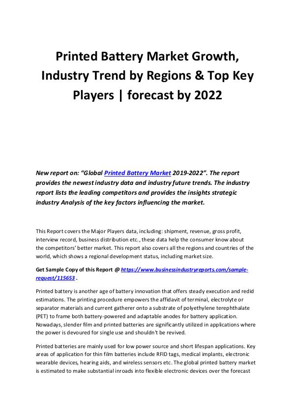 Business Industry Reports Printed Battery Market Growth by 2019- 2023