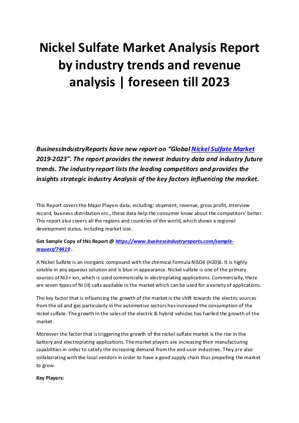 Business Industry Reports Nickel Sulfate Market Analysis Report by 2023