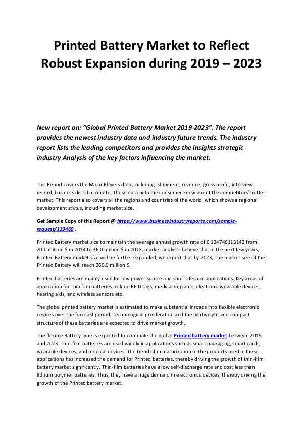 Business Industry Reports Printed Battery Market 2019