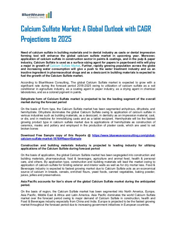 Calcium Sulfate Market:Global Outlook with CAGR Projections to 2025 Calcium Sulfate Market