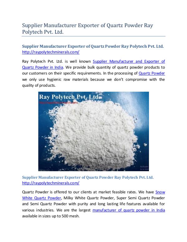 Supplier Manufacturer Exporter of Quartz Powder Ray Polytech Pvt. Ltd Supplier Manufacturer Exporter of Quartz Powder Ra