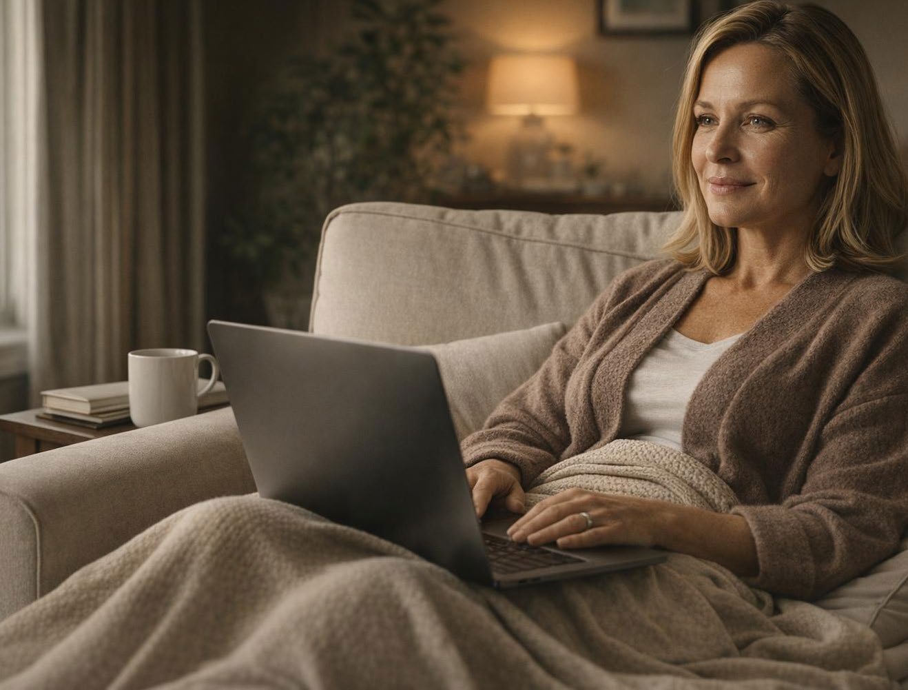 A woman recovering at home while working on her laptop