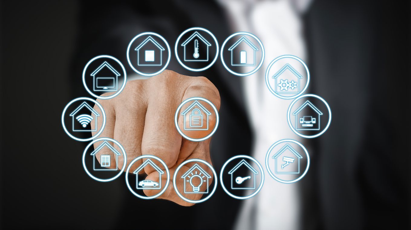 Digital smart home interface showing security and utility icons