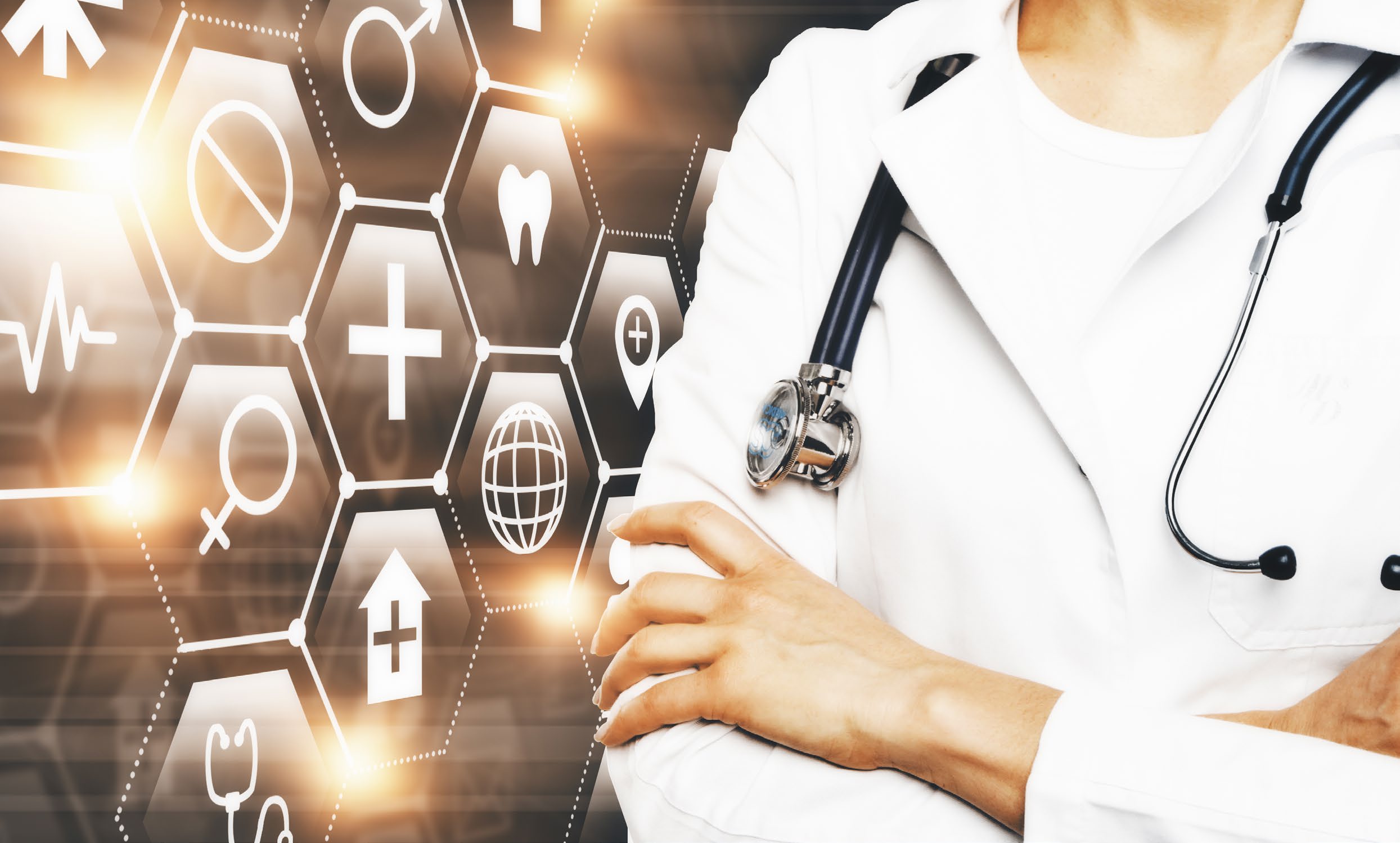 Healthcare professional with medical icons and stethoscope