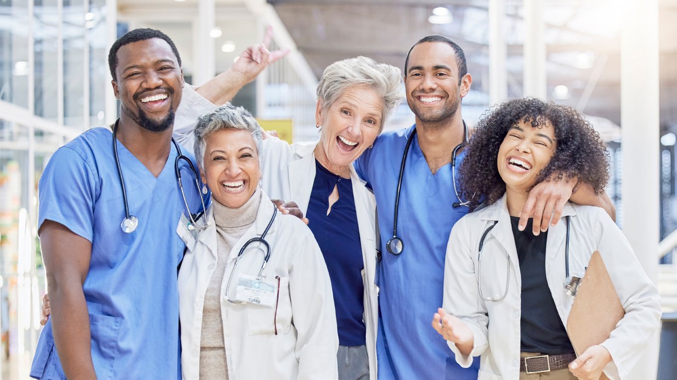 A diverse group of smiling healthcare professionals