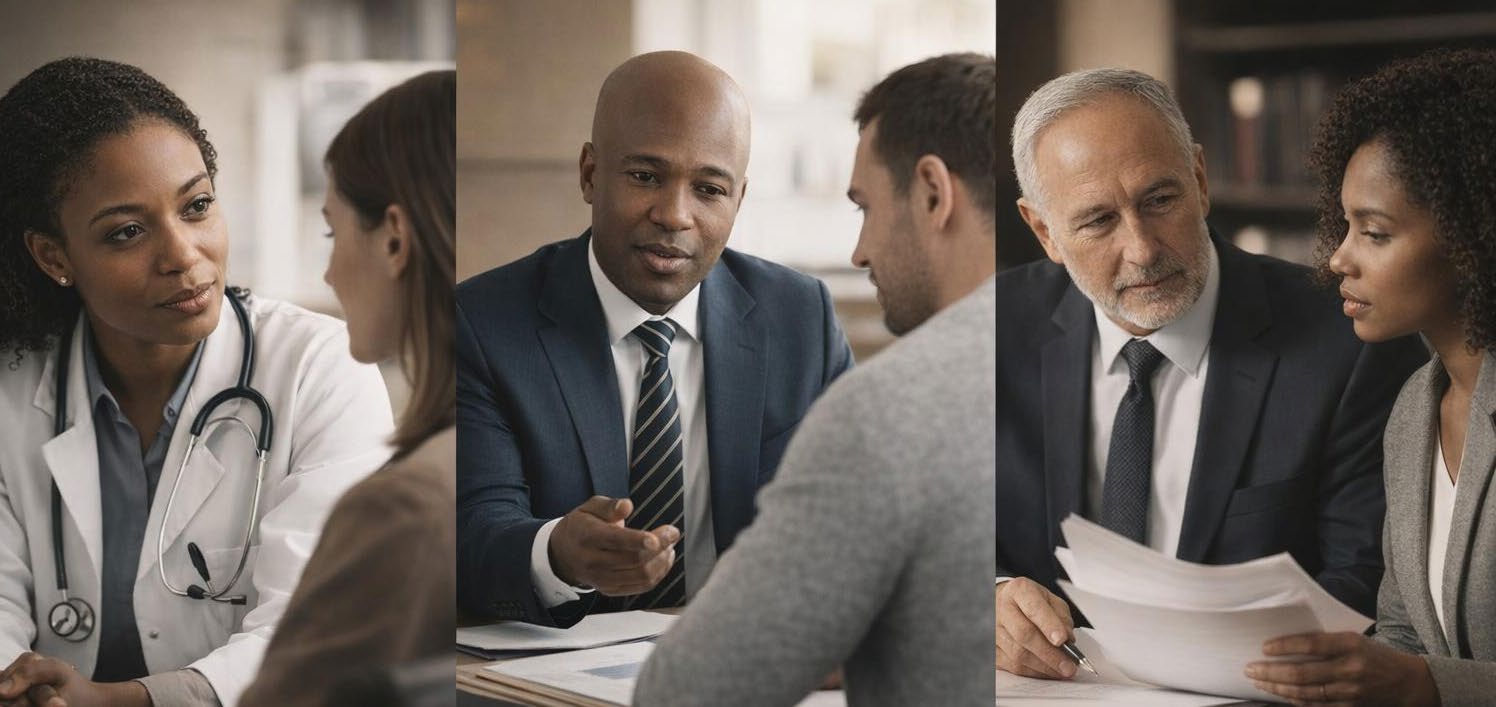 A collage of professionals providing medical, financial, and legal advice
