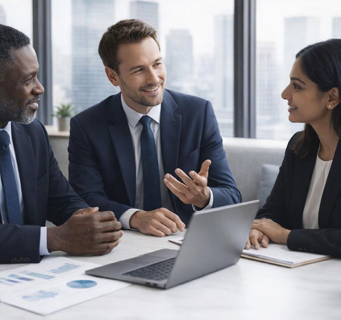 Business professionals collaborating over a laptop