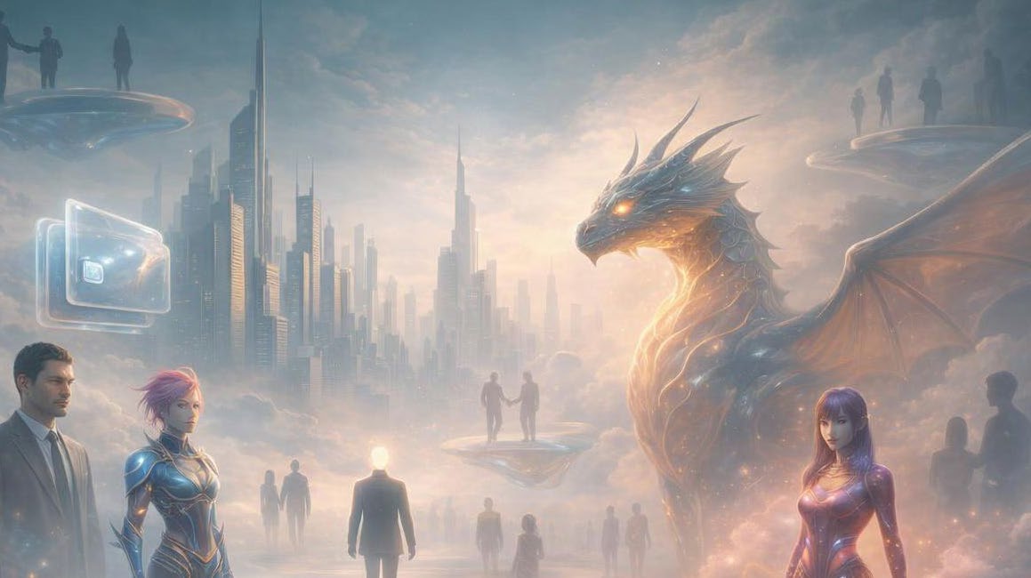 A visionary representation of diverse digital avatars interacting in a futuristic virtual city environment