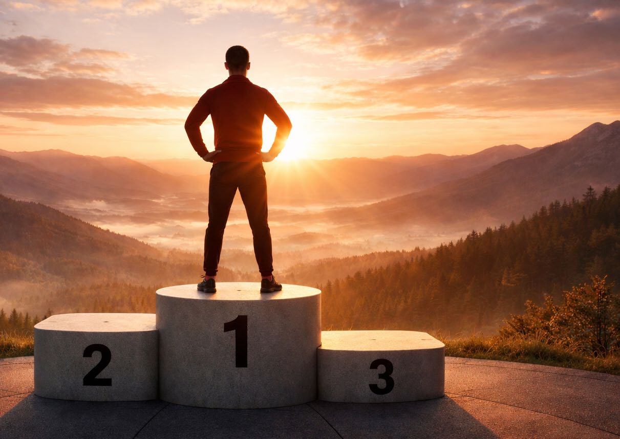 A silhouette of an athlete standing on the first-place podium at sunset