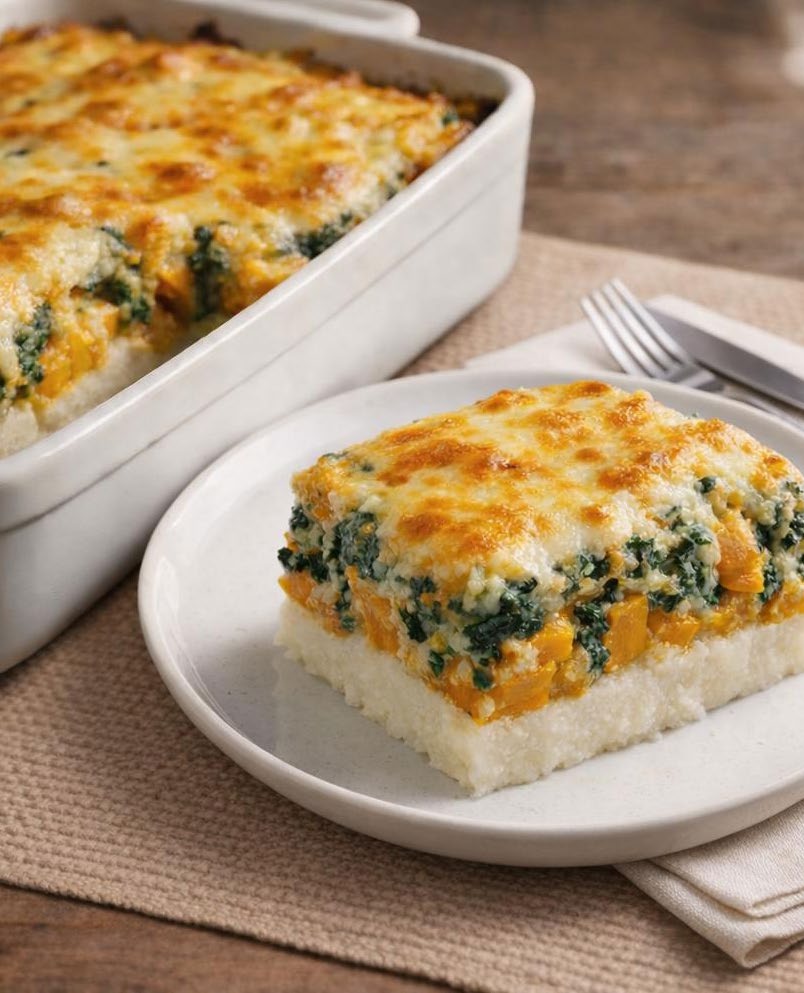 Golden-brown butternut and spinach pap bake slice served on a plate