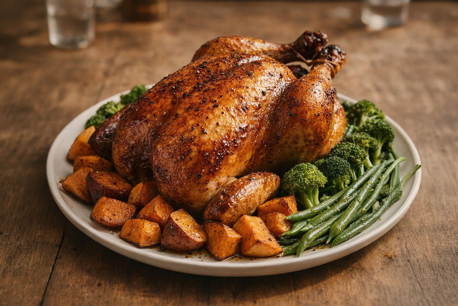 Whole roasted rooibos and honey glazed chicken served with sweet potatoes and broccoli