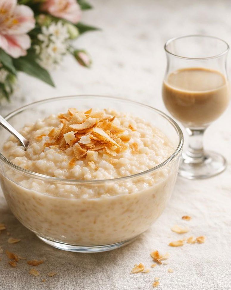 Creamy Amarula and coconut rice pudding in a glass bowl with a side glass of liqueur