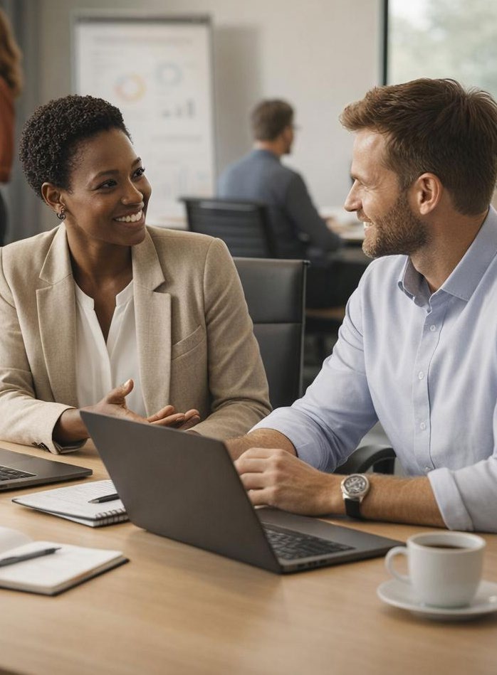 A man and a woman in business attire sitting at a desk, looking at a laptop and smiling during a discussion.