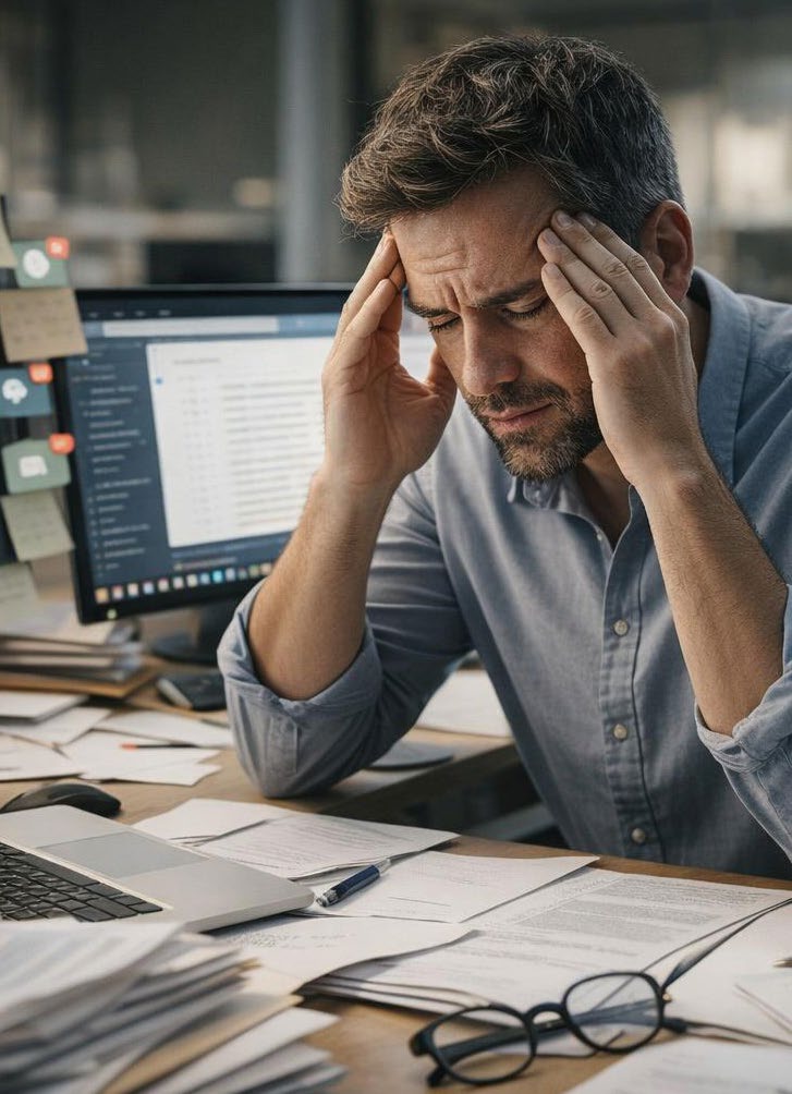 A man at a desk with his head in his hands, appearing stressed and fatigued while working at a computer.