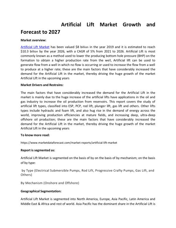 Artificial Lift Market Size and Forecast to 2027