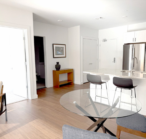 Modern interior of an apartment at 45 E. Central St. featuring a kitchen and dining area