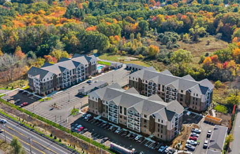 Aerial architectural rendering of the Vesa apartment complex