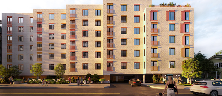 A digital rendering of a modern seven-story apartment building with a mix of brick and light-colored siding, featuring balconies and large windows.