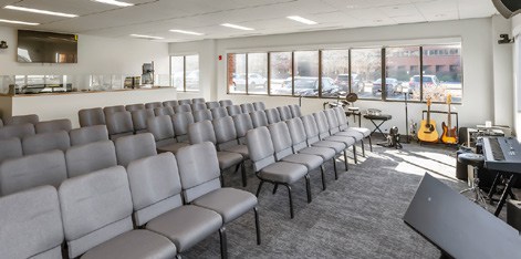 Sanctuary space with seating and musical instruments