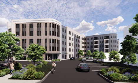 Architectural rendering of the 25 East Hoyle Street multifamily building exterior and parking area