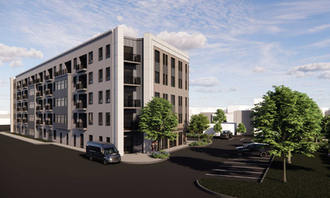 Architectural rendering showing the modern facade and street view of 25 East Hoyle Street