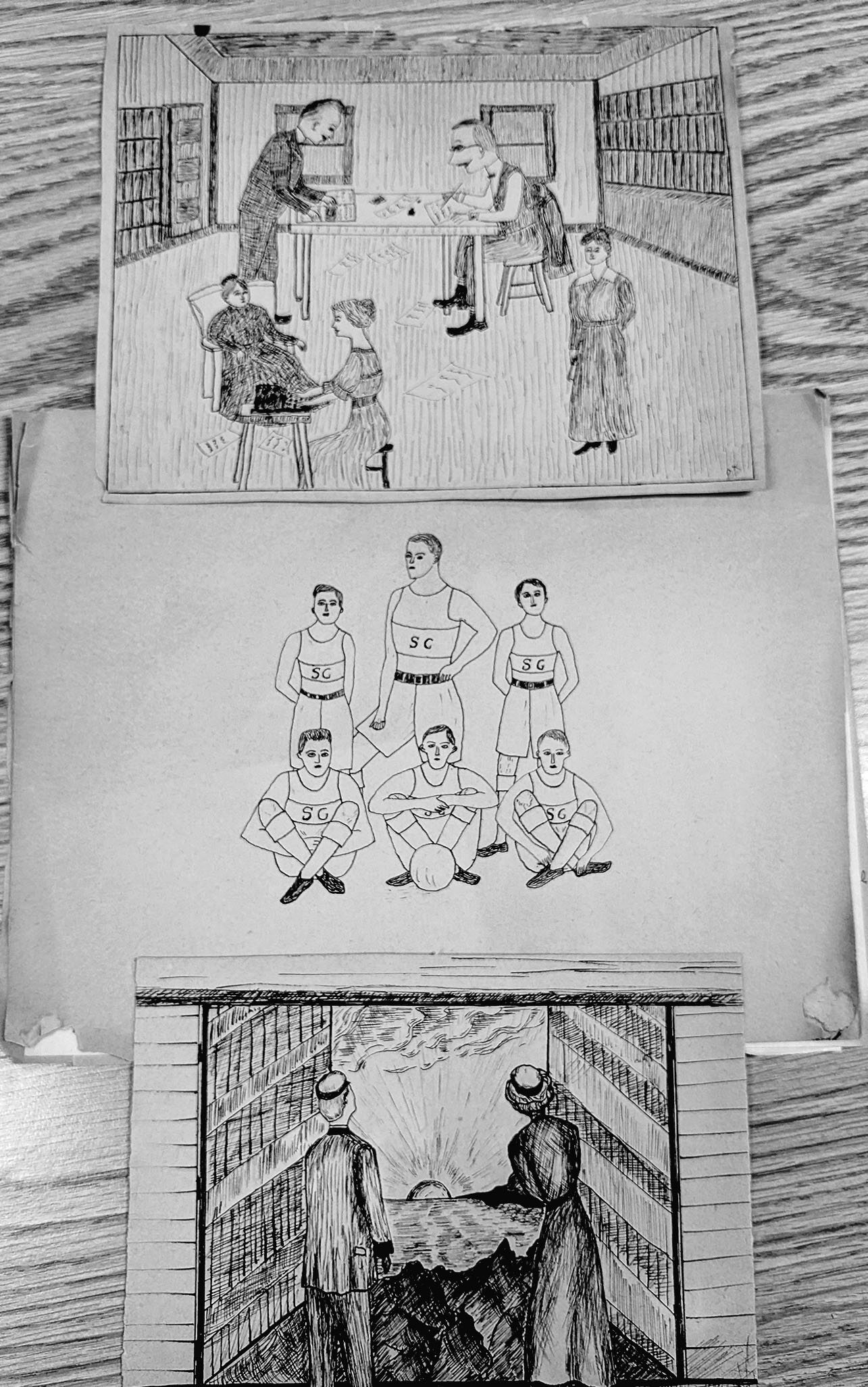 Hand-drawn cartoons from the 1915 Suomi College yearbook