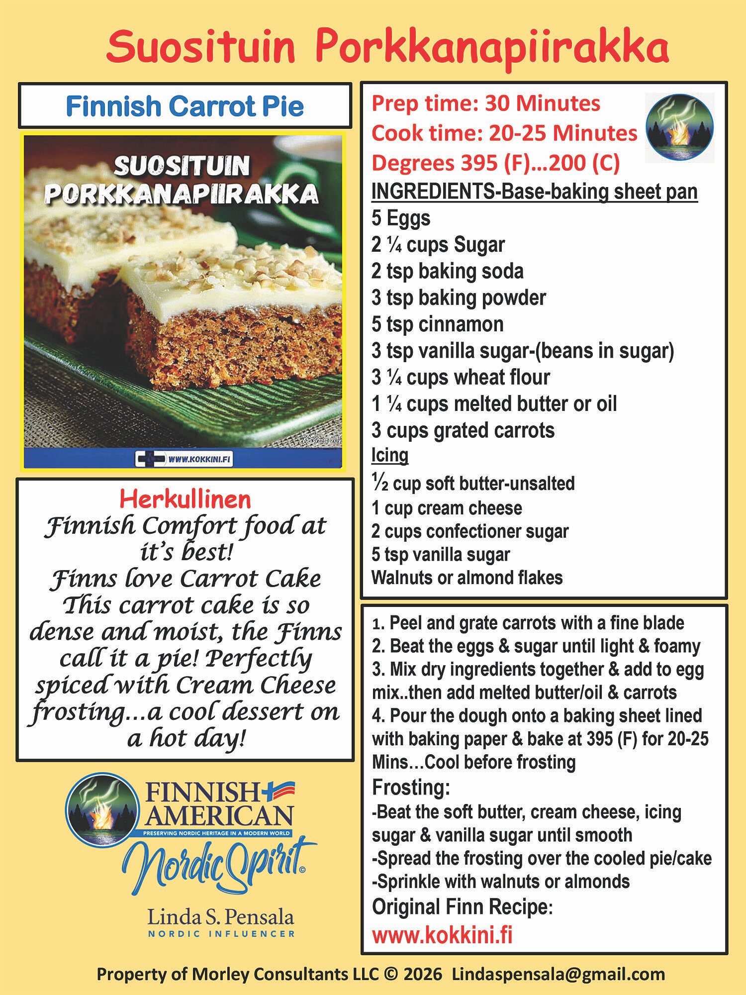 A slice of Finnish Carrot Pie with cream cheese frosting