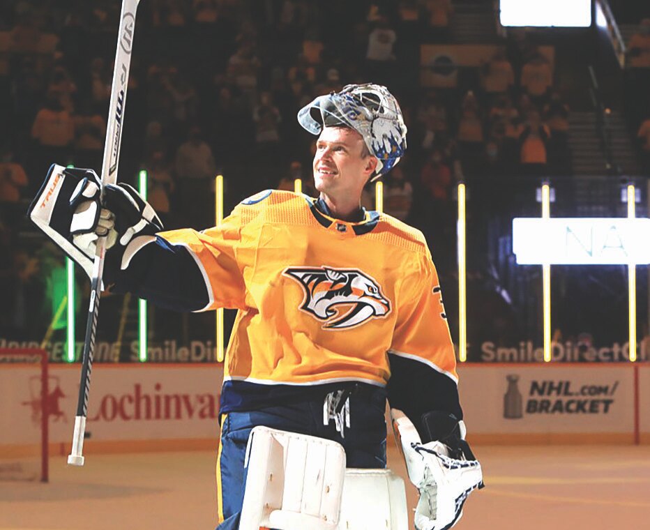 Pekka Rinne in his Nashville Predators jersey on the ice