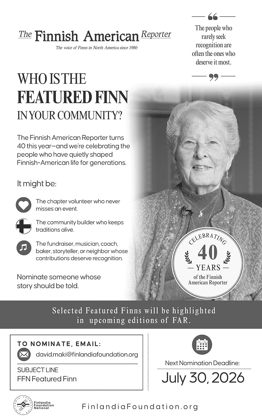 Featured Finn nomination advertisement featuring a portrait of an elderly woman and the 40th-anniversary seal.