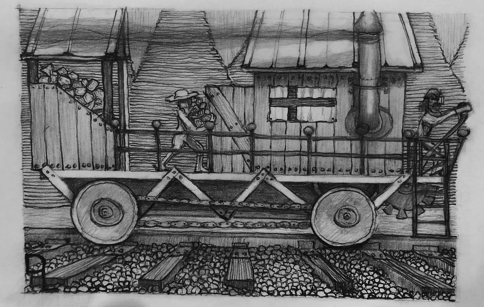 Pencil drawing of a small sauna cabin mounted on a flatcar with two figures handling wood and a stove pipe visible; train wheels and railroad ties in the foreground.