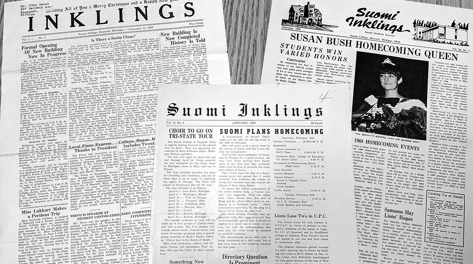 Montage of Suomi Inklings and related newspaper pages laid out on a table