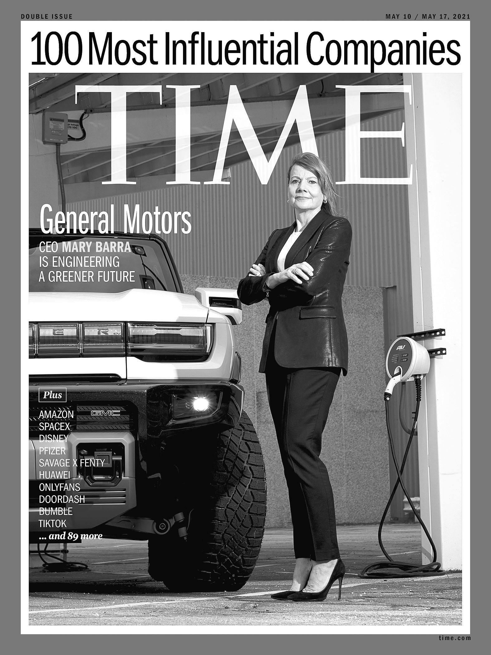 TIME magazine cover featuring Mary Barra with a GMC Hummer EV