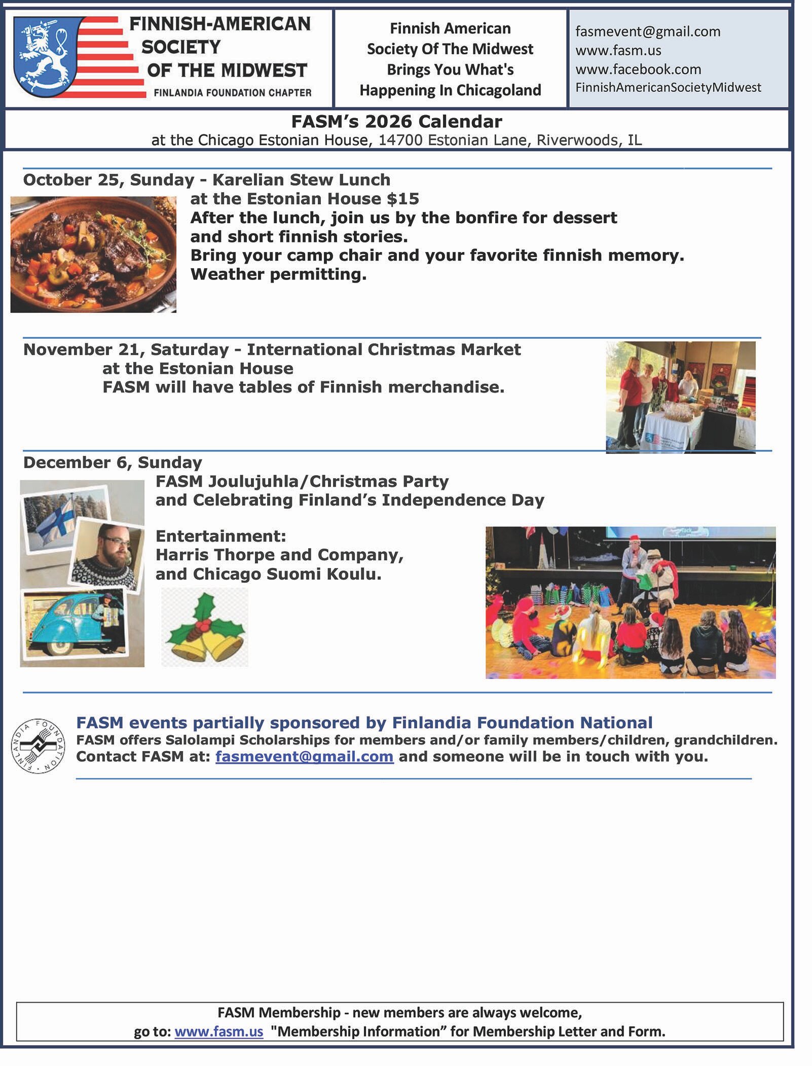 FASM 2026 calendar flyer showing event dates, contact information, and photos