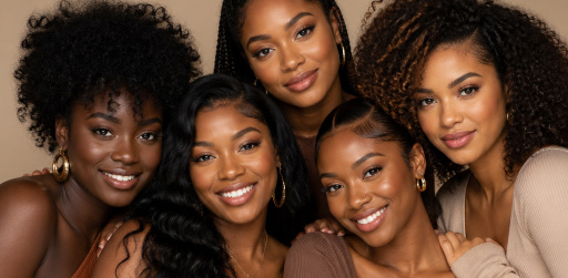 Large group portrait of five women with diverse skin tones and multi-textured hair