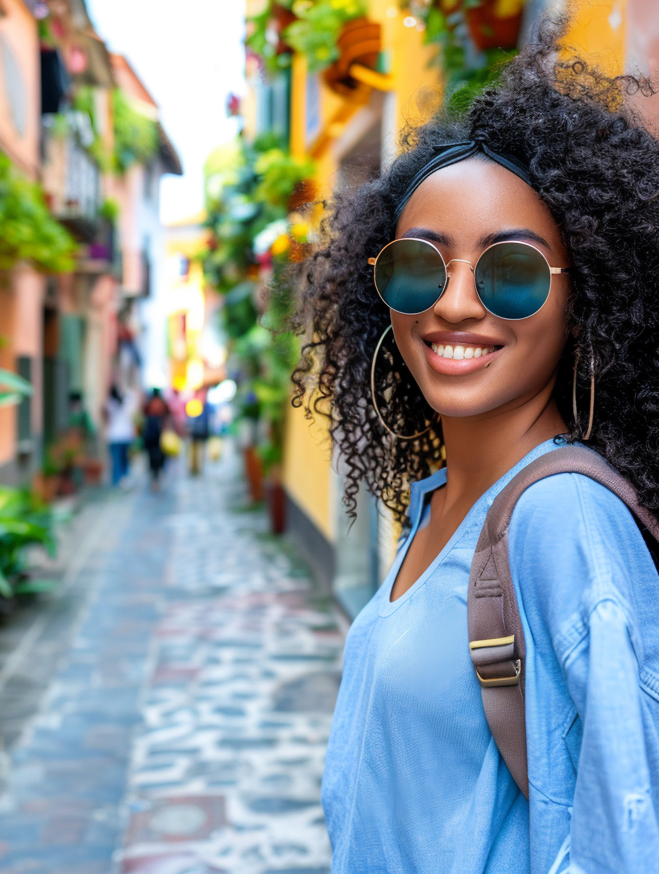 Smiling young woman wearing blue-tinted sunglasses and a backpack on a colorful narrow street, travel portrait.