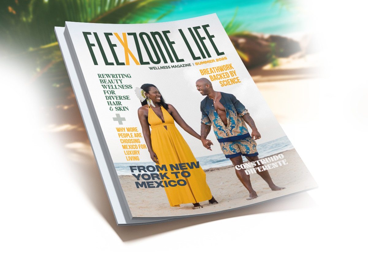 Flexzone Life magazine cover with two people walking on a beach, tilted on a white background