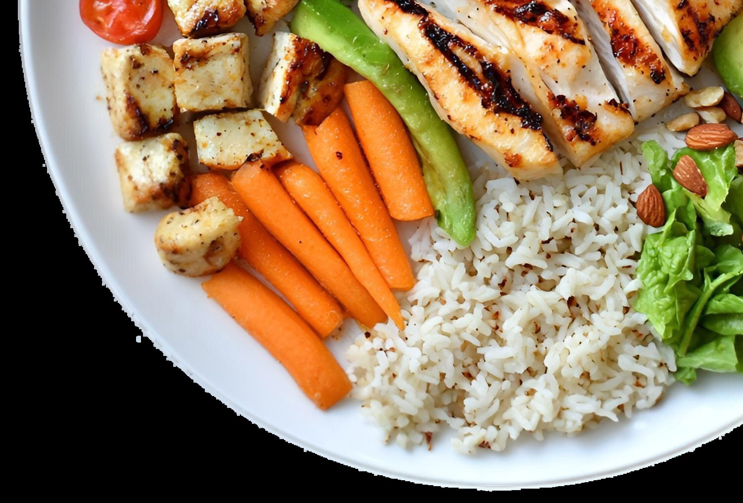 Top-down plated bowl with grilled chicken, brown rice, baby carrots, green vegetables, and seasoned cubes on a turquoise background.