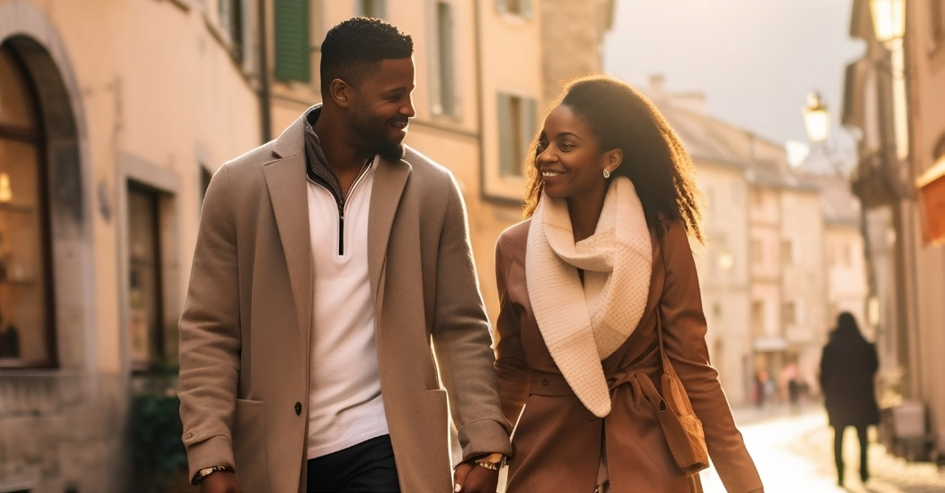 Smiling couple walking together down a city street