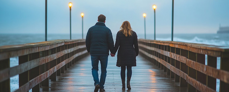 Couple walking on a wooden pier at dusk