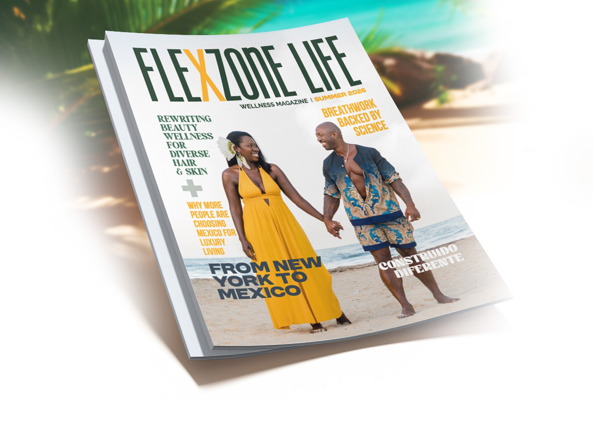 Flexzone Life magazine cover showing two people walking on a beach, cover title 'Flexzone Life' with feature text